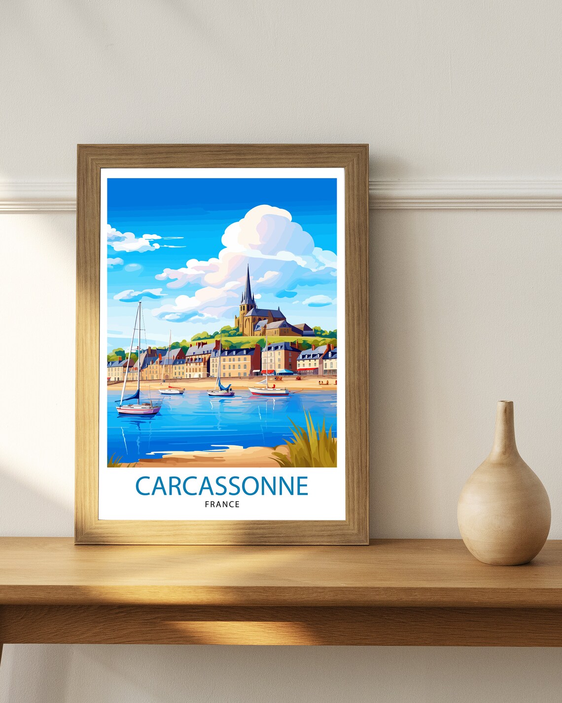 Carcassonne France Sunny Harbor Sailboats Hill Church View Poster - Image 3