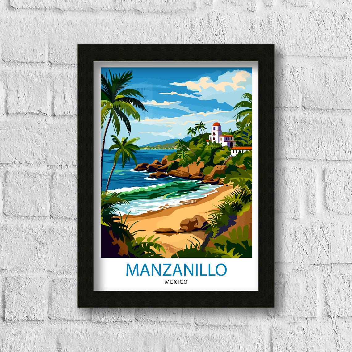Manzanillo Mexico Tropical Beach Palm Trees Chapel Travel Poster - Image 3