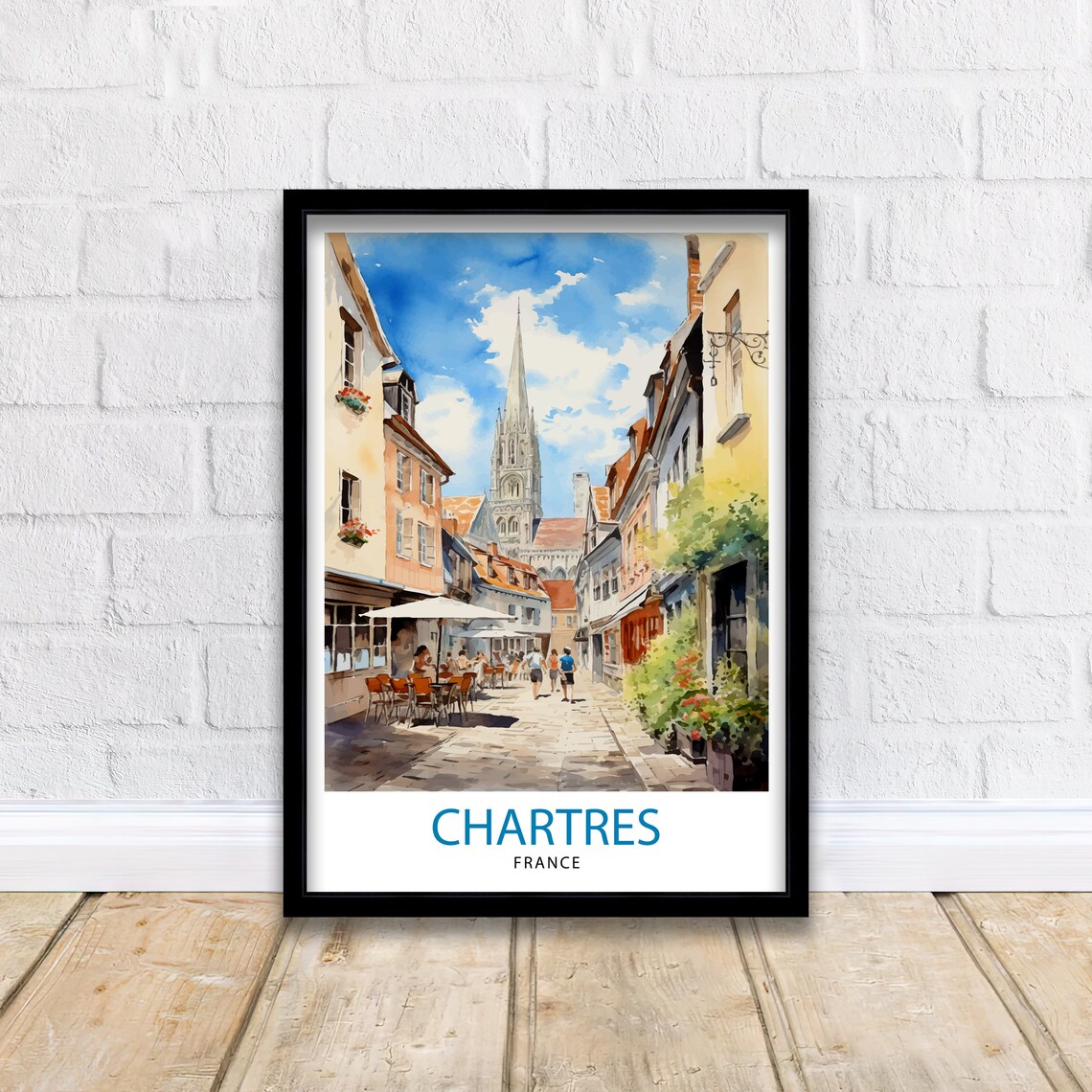 Chartres France Watercolor Street Cathedral Spire Old Town Poster - Image 2