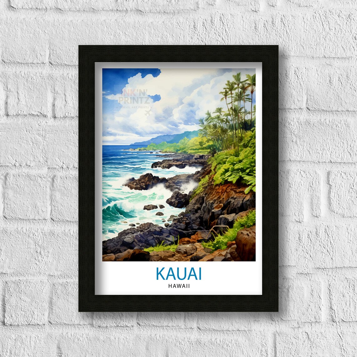 Kauai Hawaii Rocky Coastline Palms Watercolor Island Travel Poster - Image 3