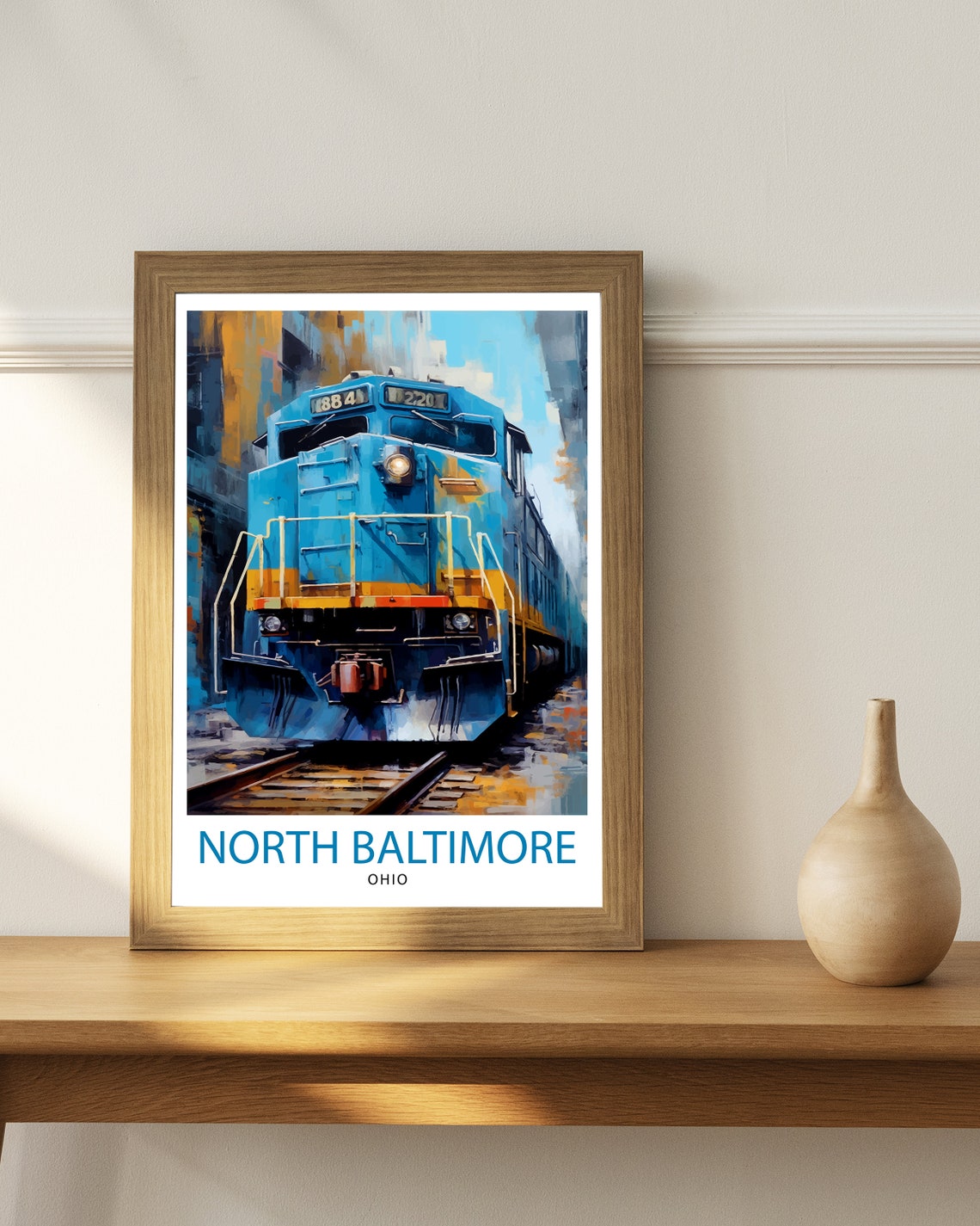 North Baltimore Ohio Blue Locomotive Train Railroad Art Poster - Image 3