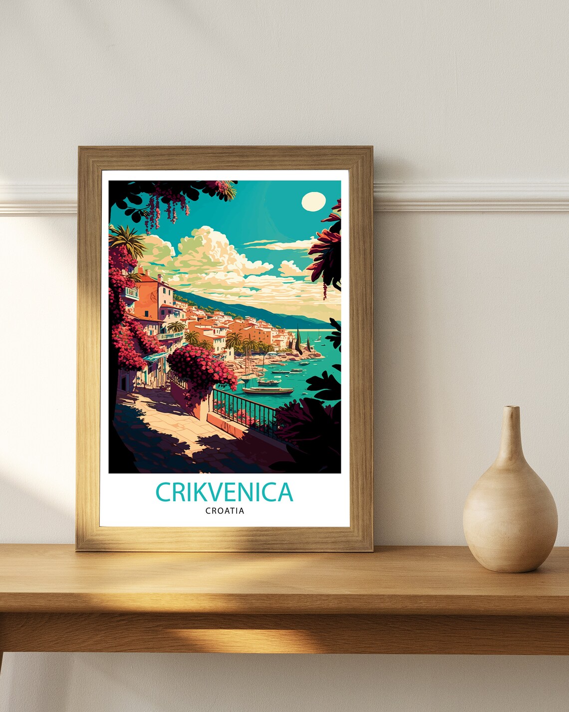 Crikvenica Croatia Adriatic Old Town Moonlit Bay Scene Poster - Image 3
