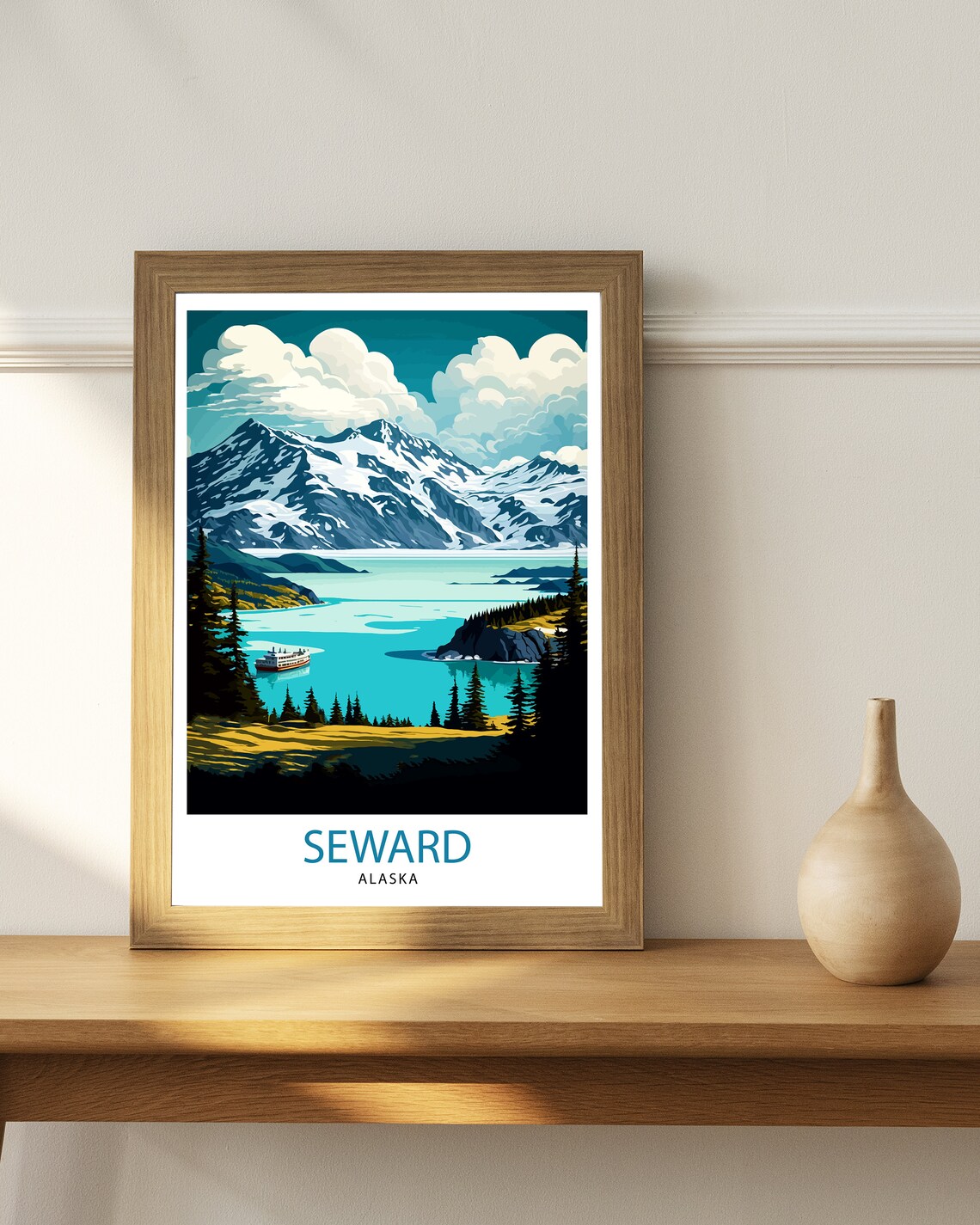Seward Alaska Snowy Peaks Fjord Boat Vintage Travel Poster Mountains - Image 3