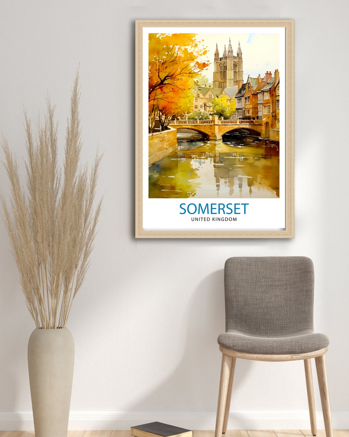 Somerset United Kingdom Autumn River Bridge Watercolor Poster - Image 3