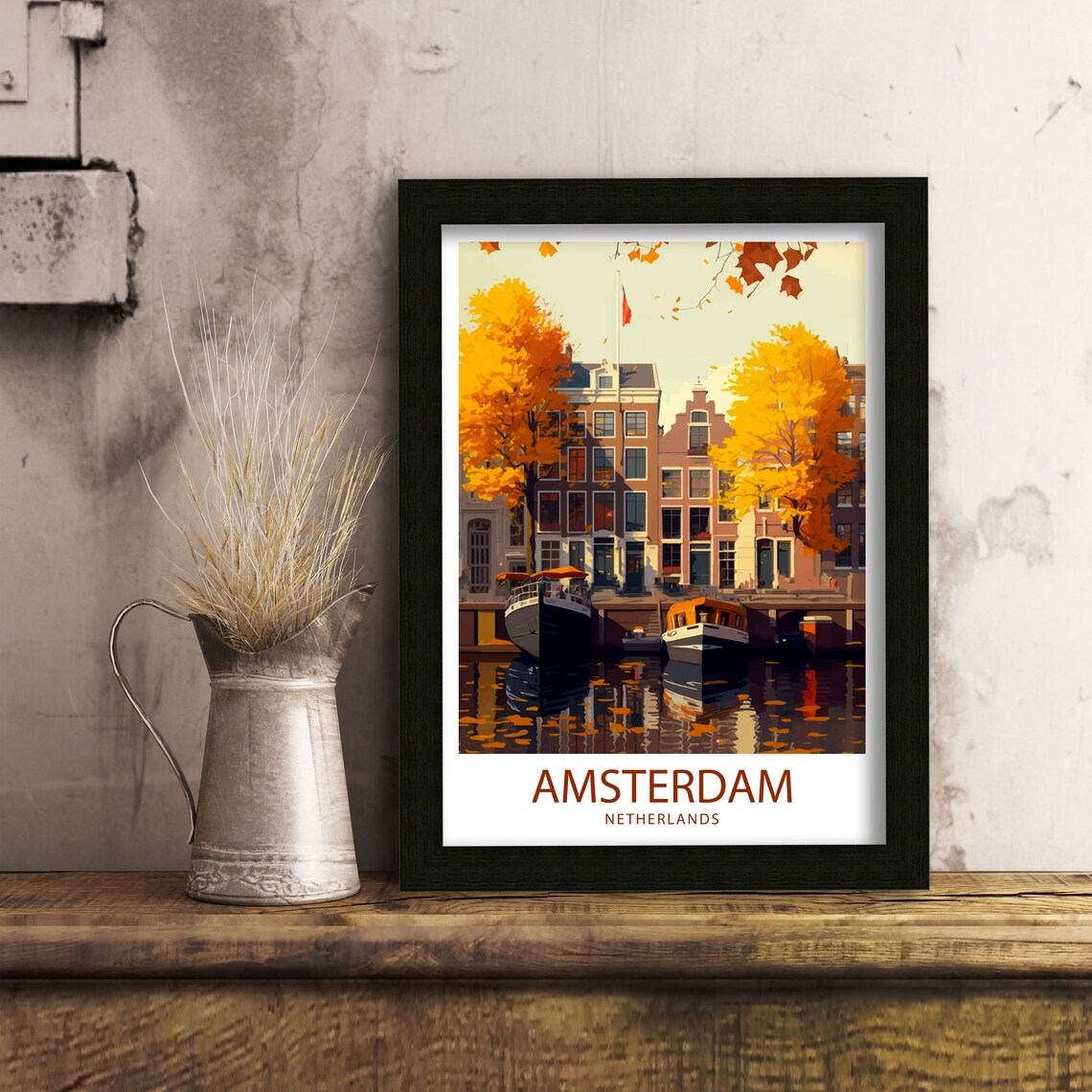 Amsterdam Netherlands Canal Houses Golden Autumn Boats Poster - Image 3