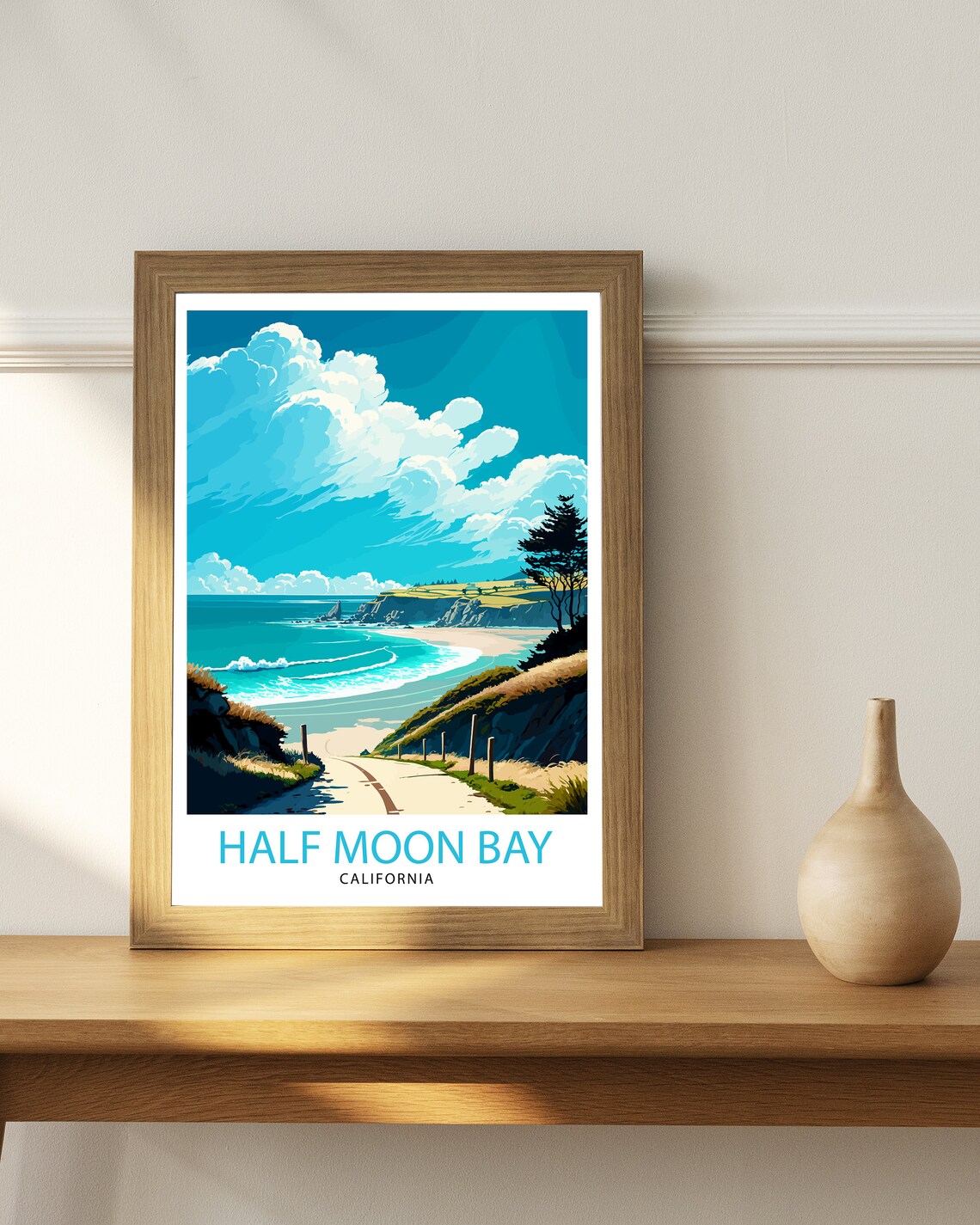 Half Moon Bay California Travel Poster, Coastal Illustration - Image 3