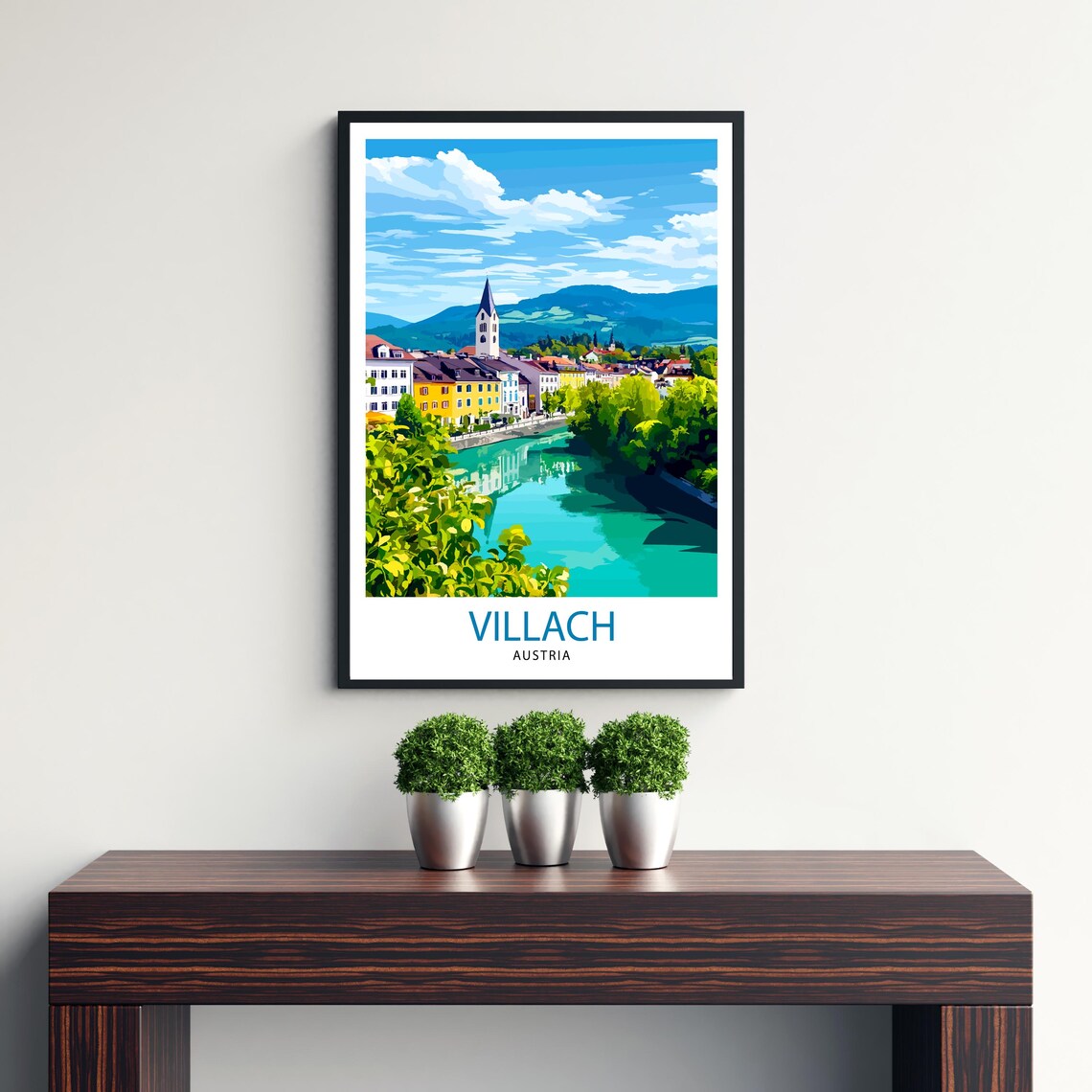 Villach Austria Riverside Town Church River Mountain View Poster - Image 3