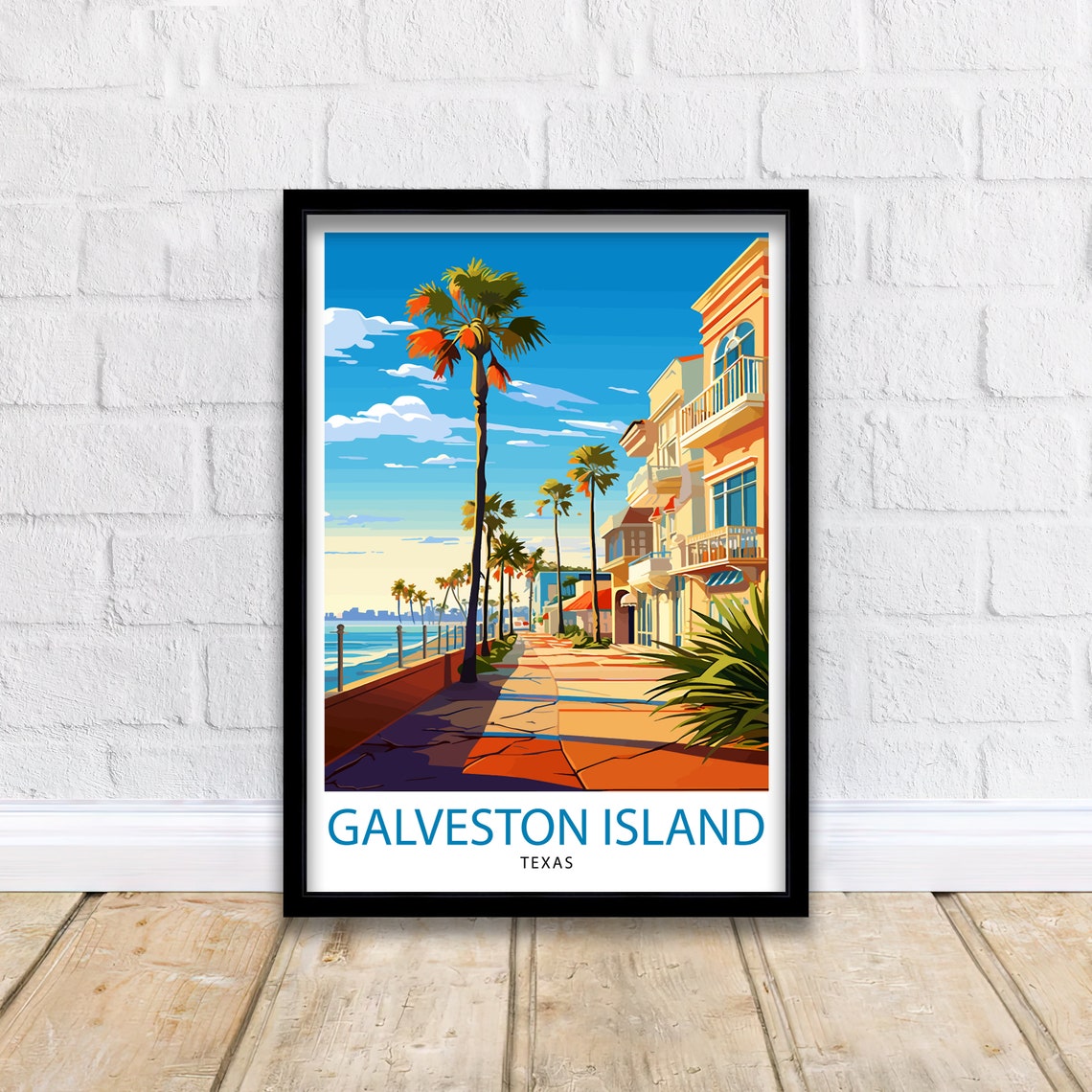 Galveston Island Texas Beachfront Promenade Palm Trees Poster - Image 2