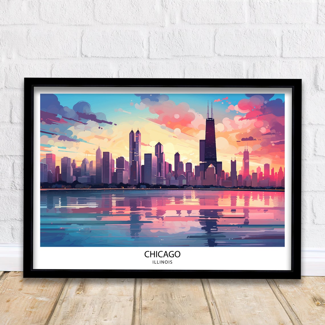 Chicago Illinois Skyline Sunset Lake Michigan Vintage Travel Poster