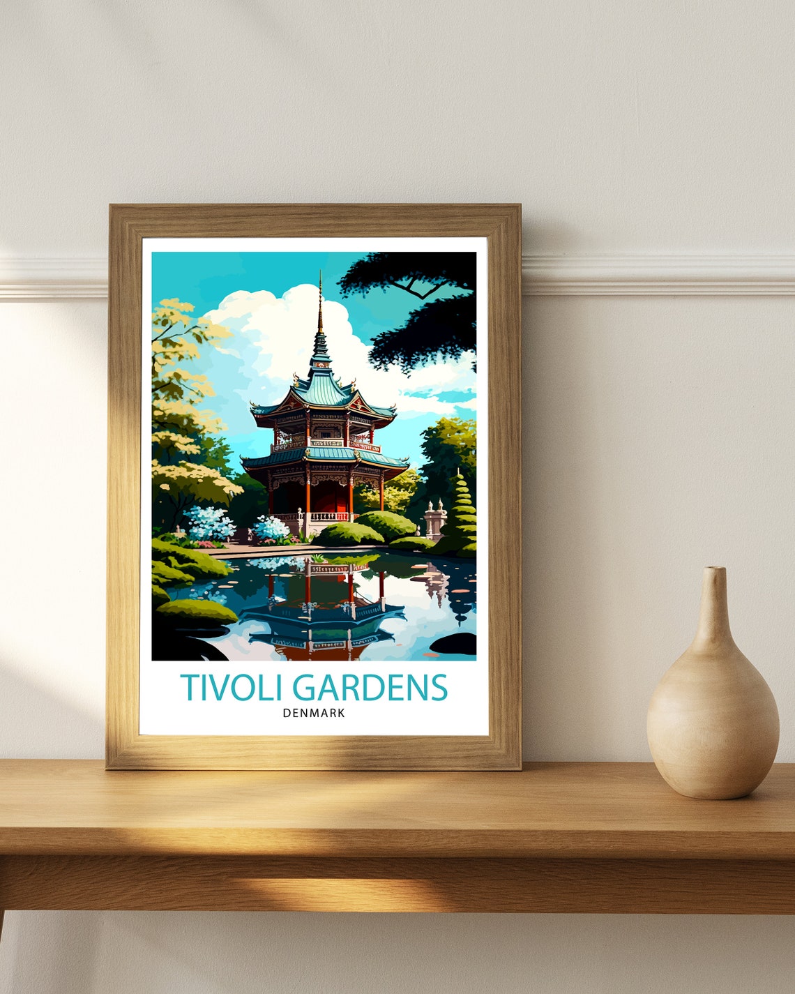 Tivoli Gardens Denmark Pagoda Pond Reflection Evening Amusement Poster - Image 2