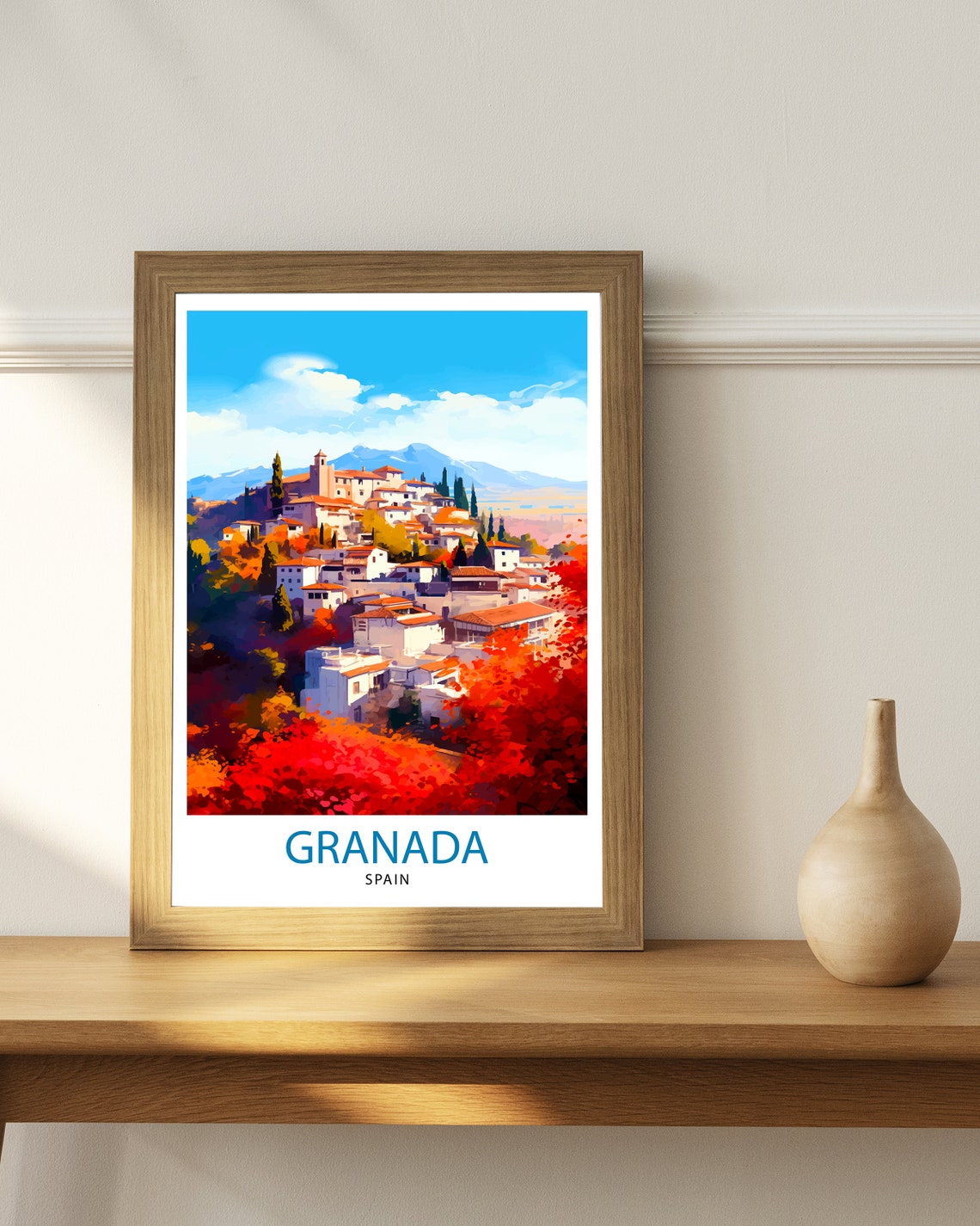 Granada Spain Hillside White Town Red Trees View Travel Poster - Image 2