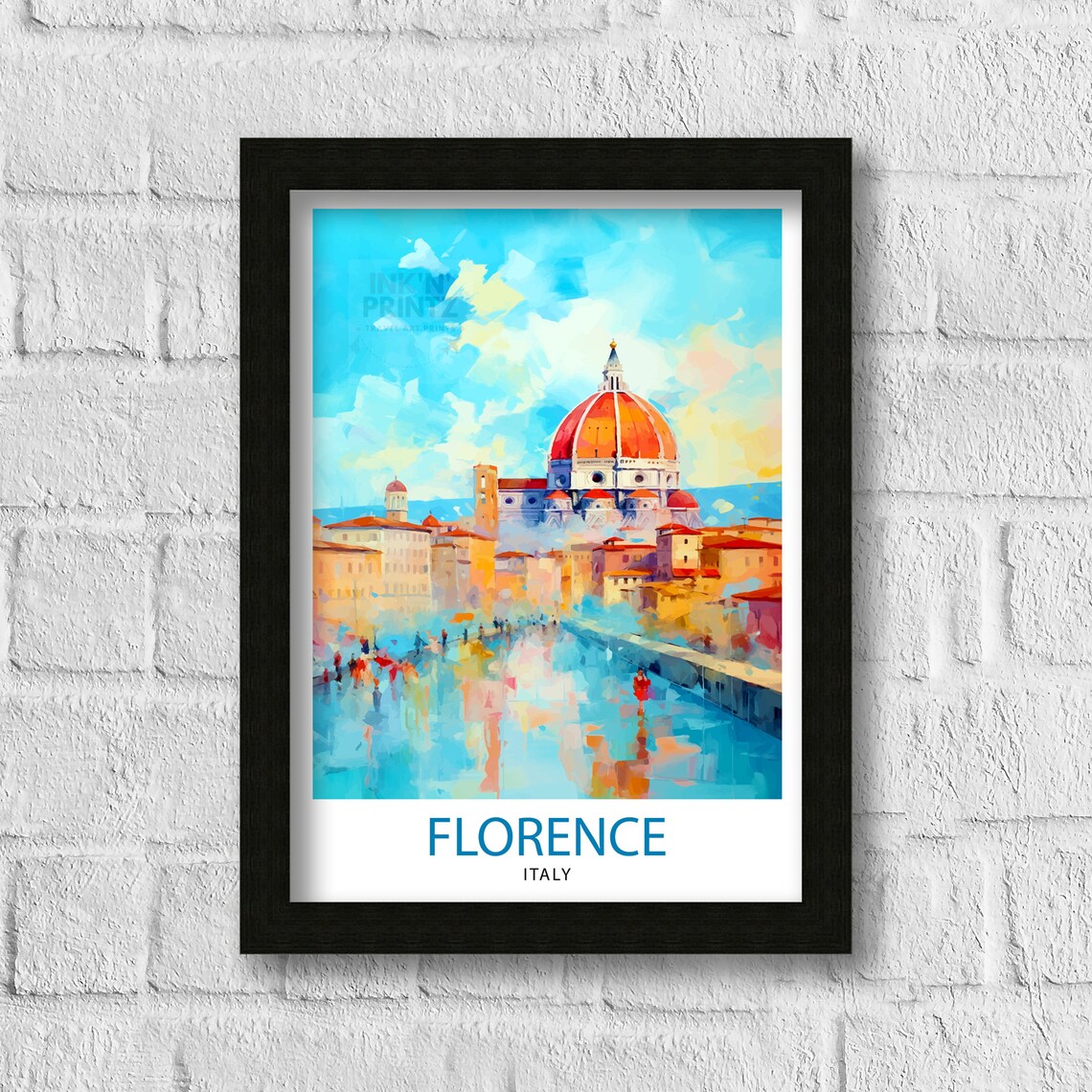 Florence Italy Duomo Watercolor Poster With Arno River View Art - Image 3