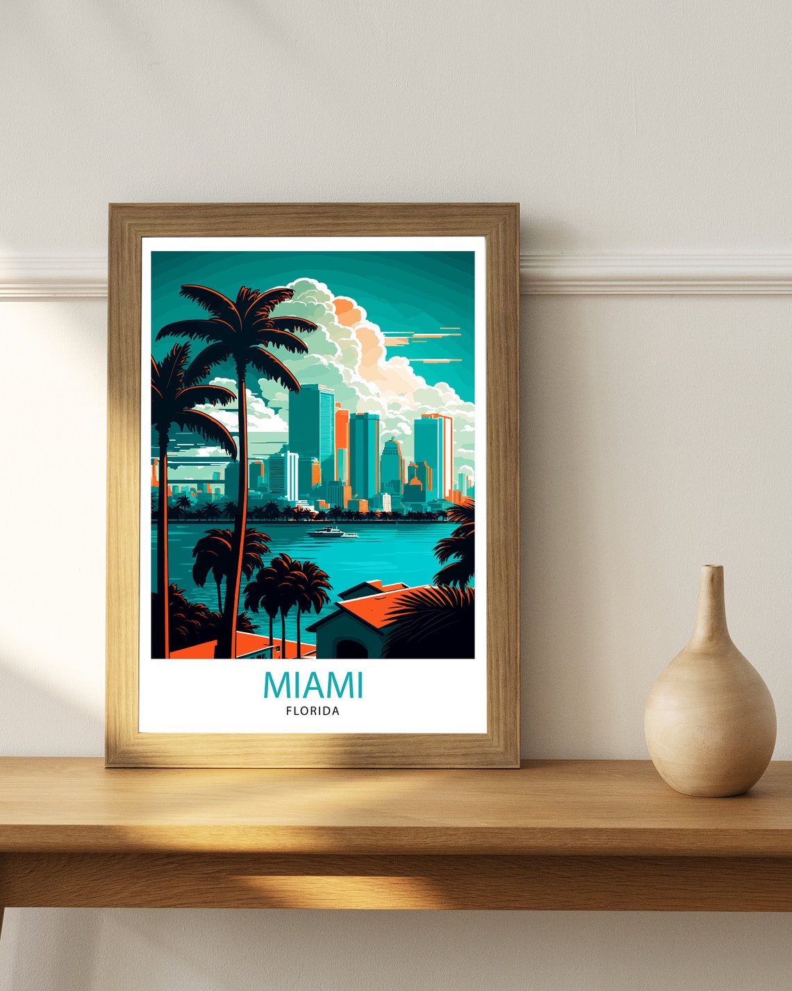Miami Florida Skyline Palm Tree Waterfront Retro Style Travel Poster - Image 3