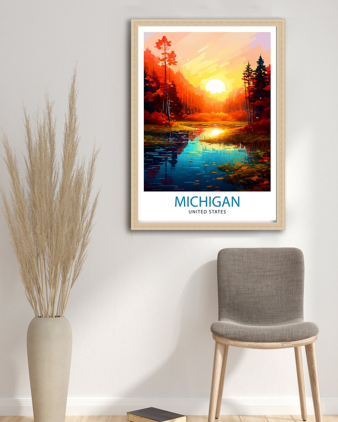 Michigan Sunset Lake Autumn Forest Reflection Landscape Poster - Image 3