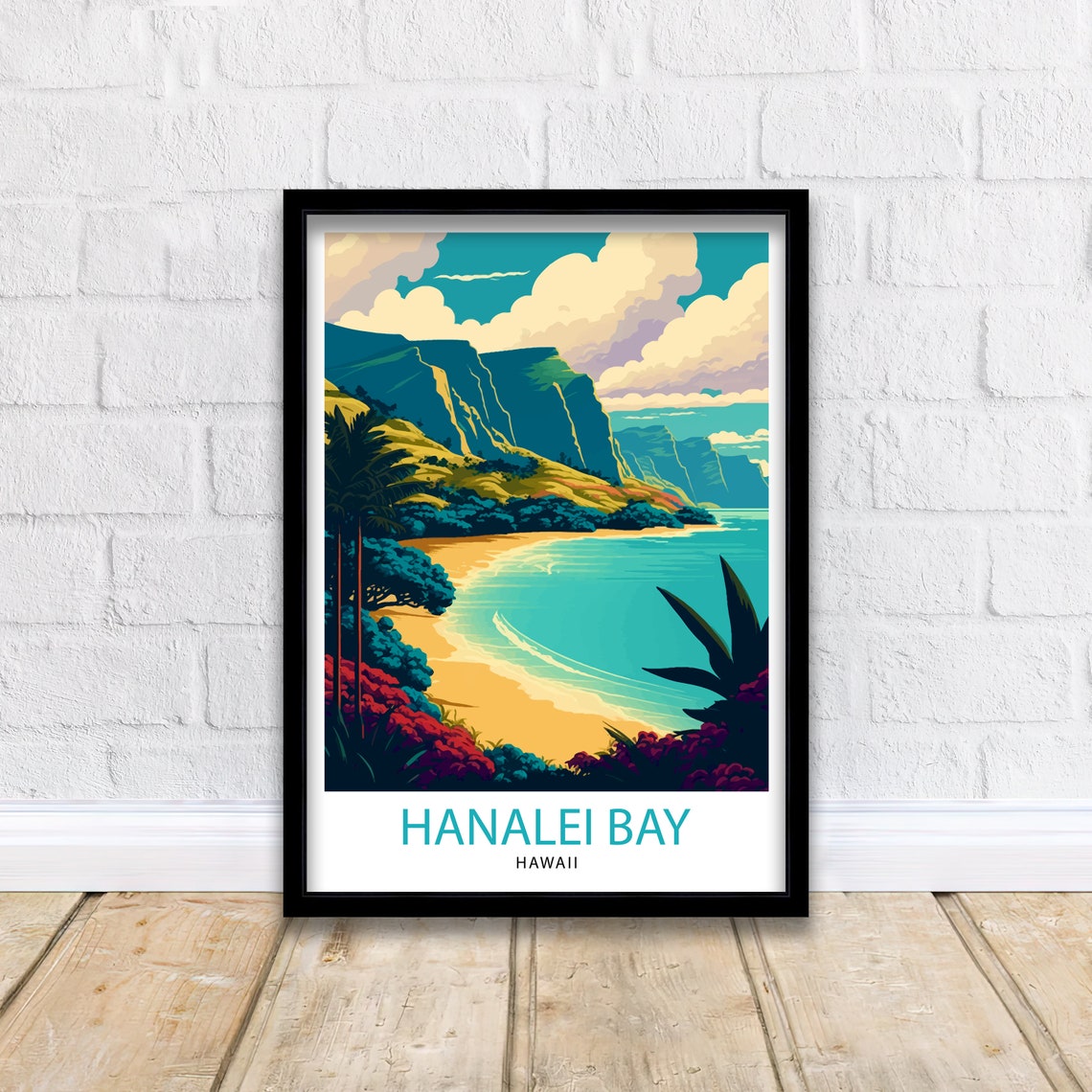 Hanalei Bay Hawaii Turquoise Water Golden Beach Cliffs Travel Poster - Image 2