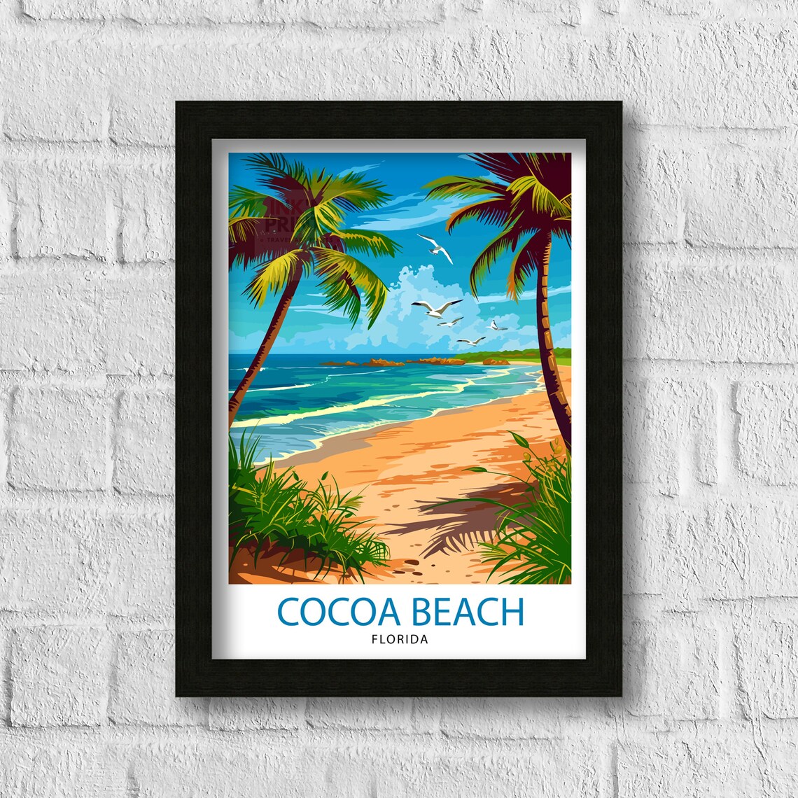 Cocoa Beach Florida Palm Trees Sandy Shore Ocean Waves Travel Poster - Image 3