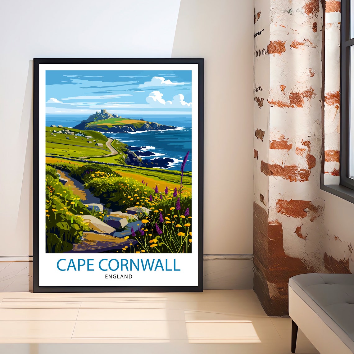 Cape Cornwall England Coastal Cliffs Path Wildflowers Travel Poster