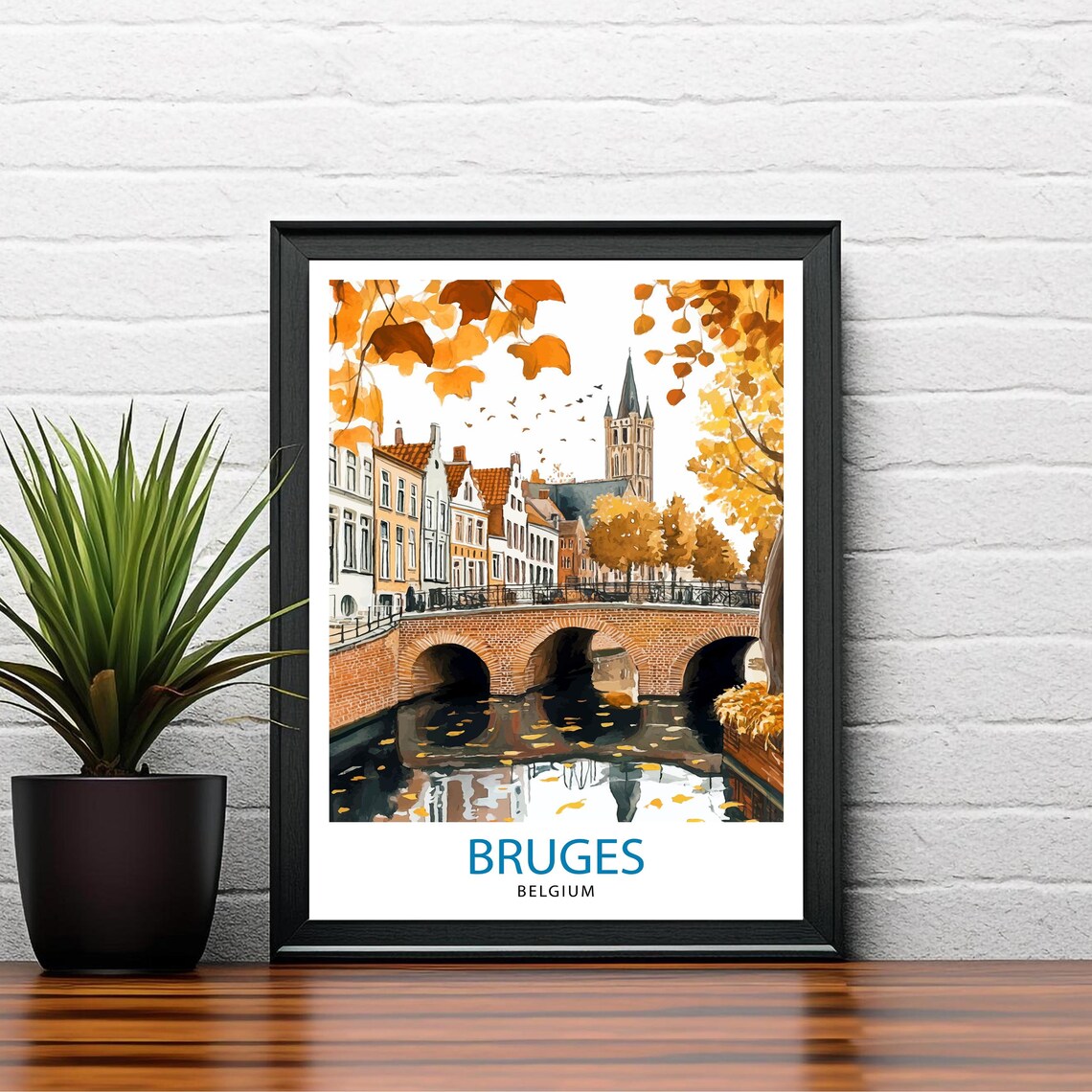 Bruges Belgium Old Town Autumn Canal Bridge Tower Scene Poster - Image 2