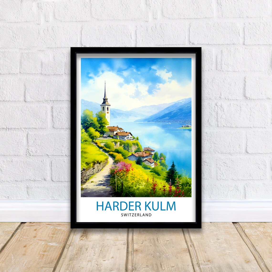 Harder Kulm Switzerland Lakeside Village Watercolor View Poster - Image 2
