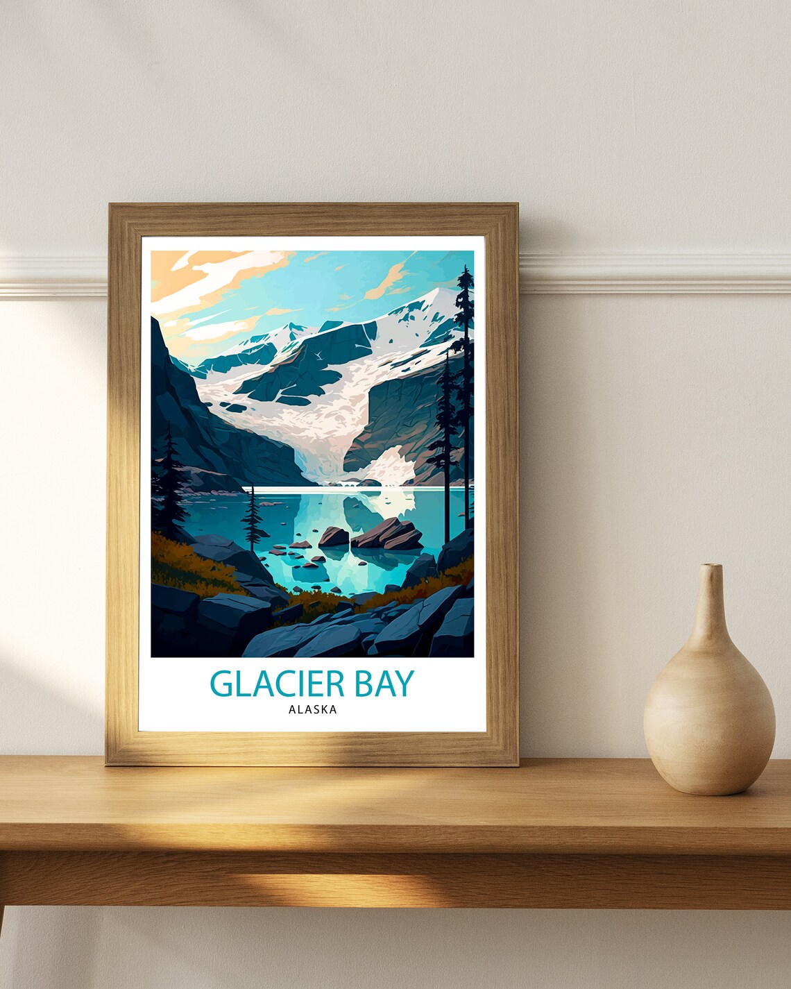Glacier Bay Alaska Snowy Peaks Turquoise Lake Mountain Pines Poster - Image 2