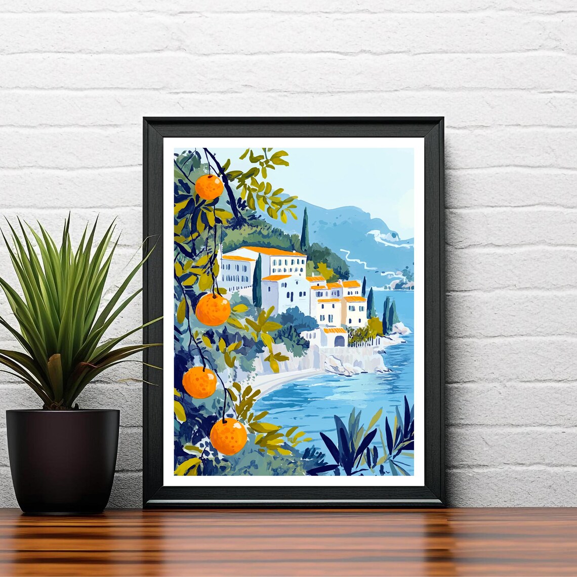 Sardinia Italy Whitewashed Coastal Town Orange Trees Sea Art Poster - Image 2