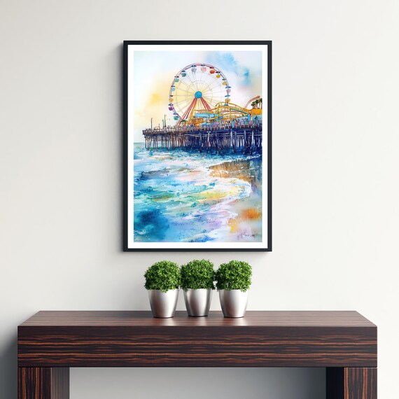 Santa Monica Pier Watercolor Travel Poster, Beach View