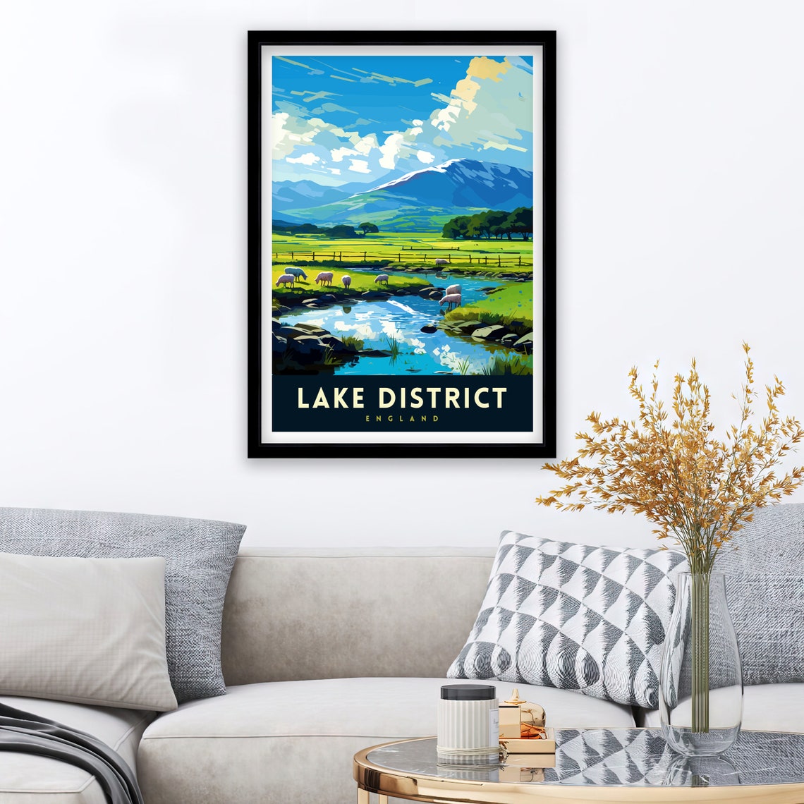 Lake District England Snow Peak Valley Stream Sheep Travel Poster - Image 2