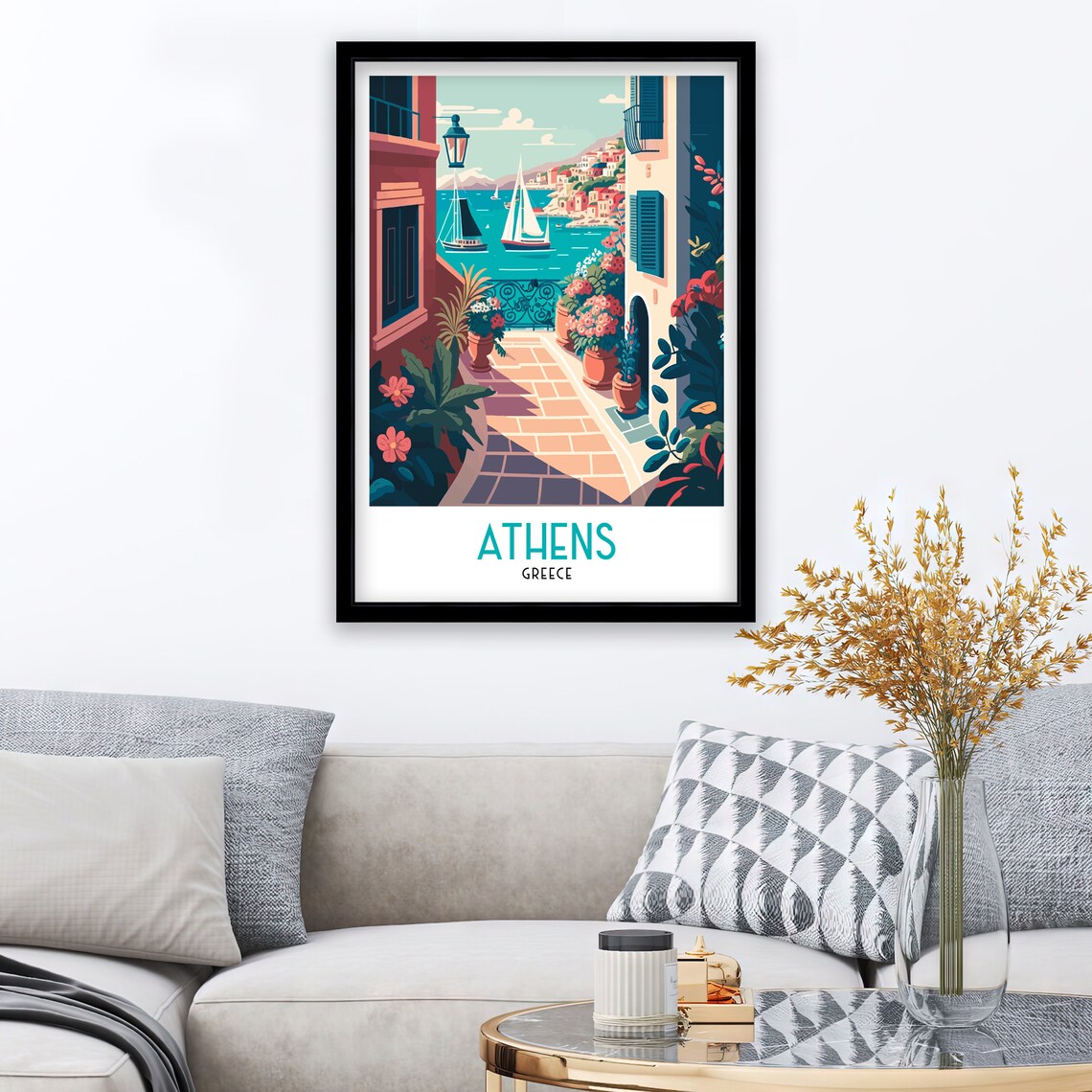Athens Greece Harbor Stairway Flowers Sailboats Seaside Poster - Image 2
