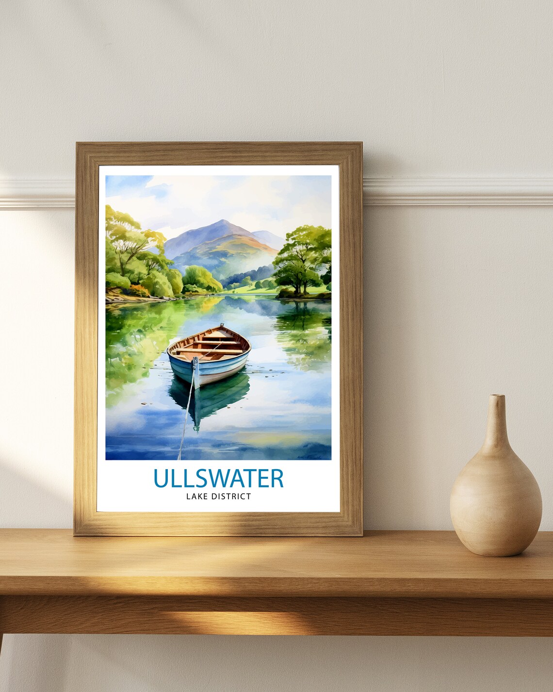 Ullswater Lake District Rowing Boat Calm Water Watercolor Poster - Image 2