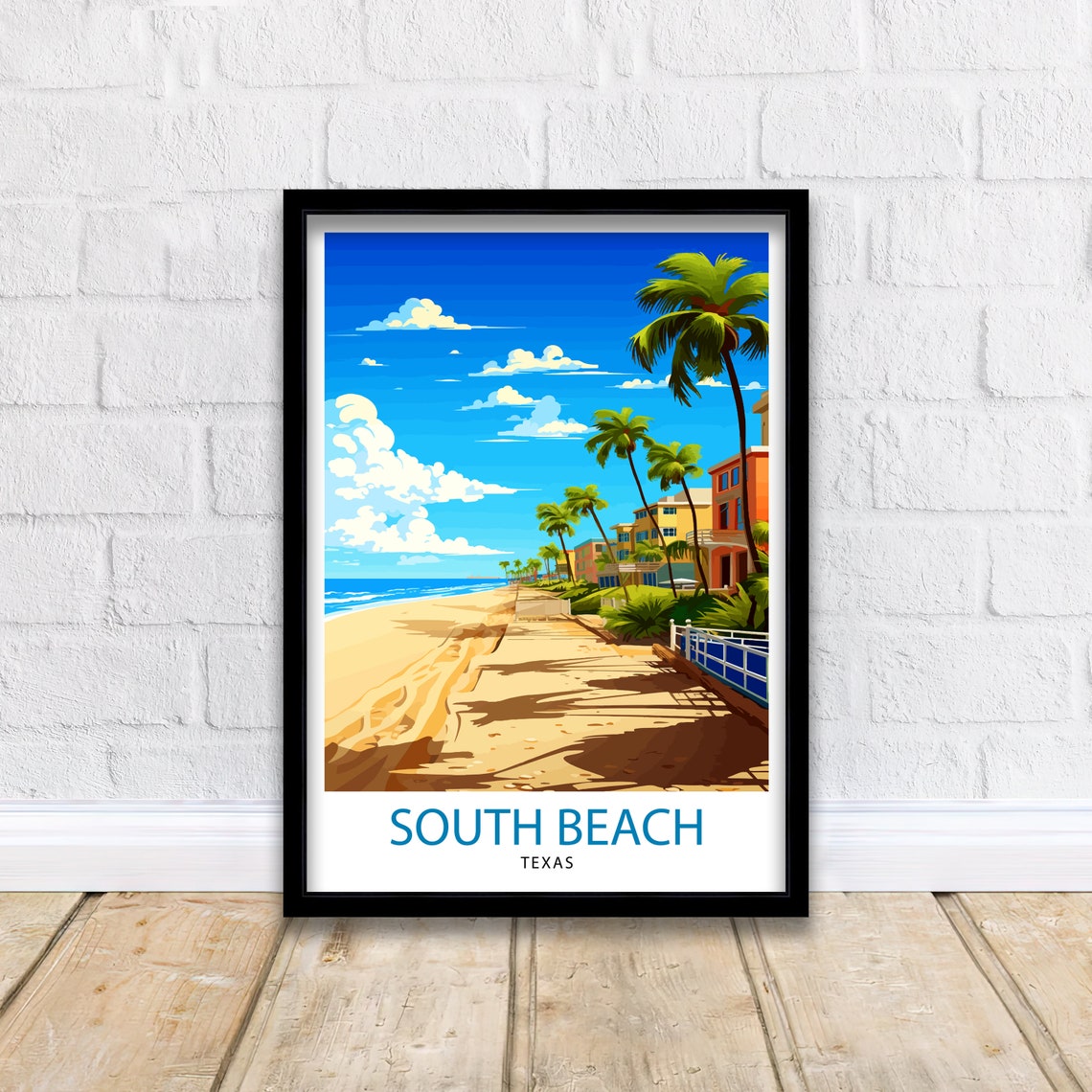 South Beach Texas Sunny Sandy Path Palms and Beach Houses Poster - Image 2
