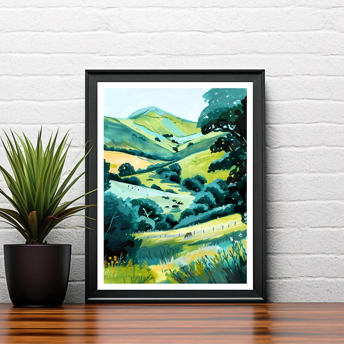 Black Mountains Wales Rolling Green Valley Horse Grazing Scenic Poster - Image 2