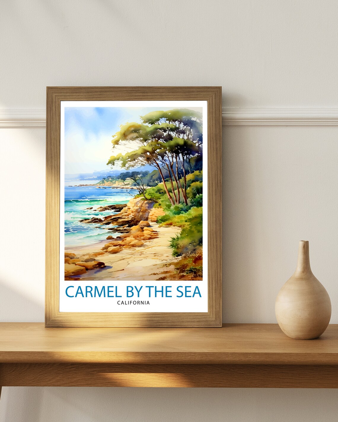 Carmel By The Sea California Watercolor Rocky Shore Art Poster - Image 2