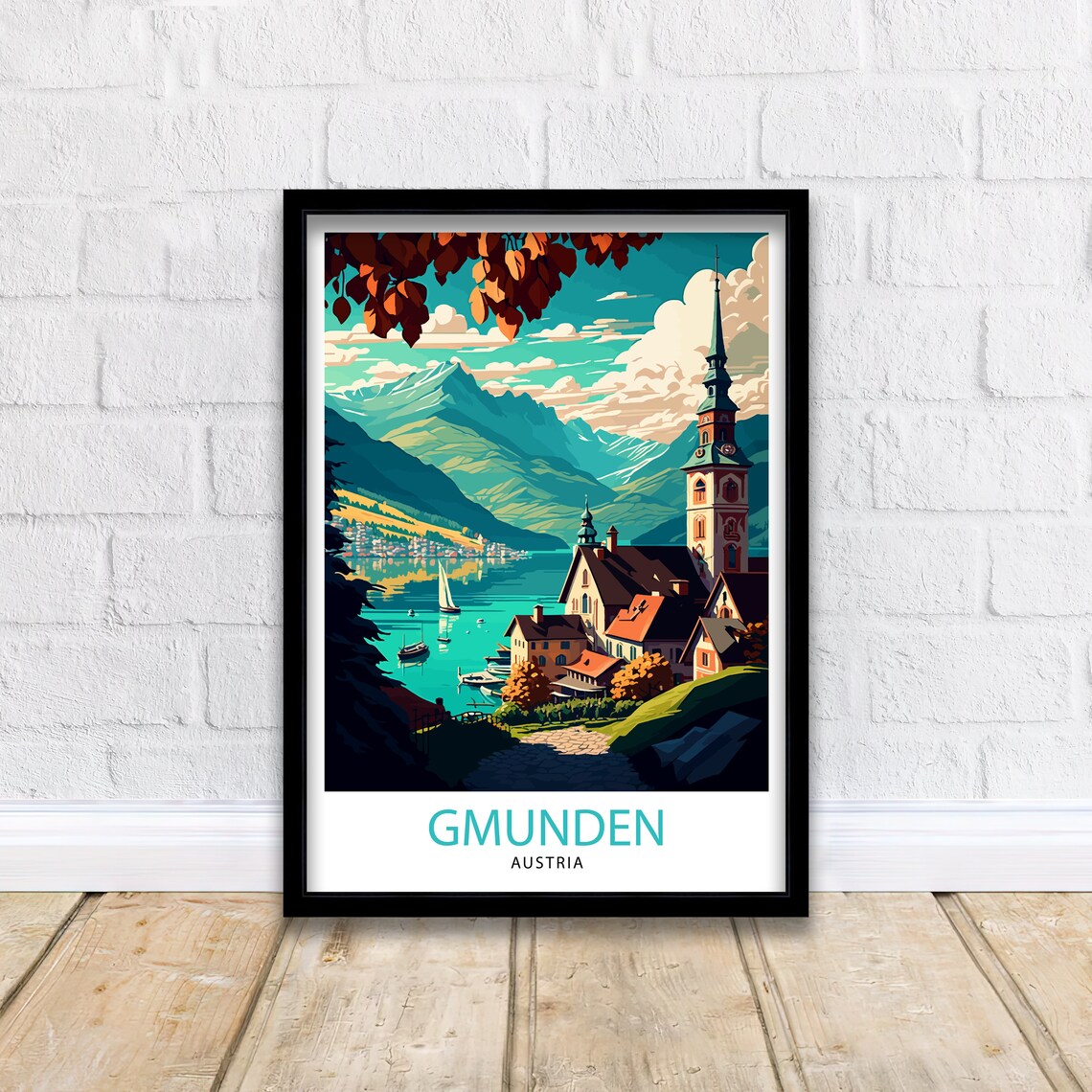 Gmunden Austria Alpine Lake Village Church Tower Sailboat Art Poster - Image 2