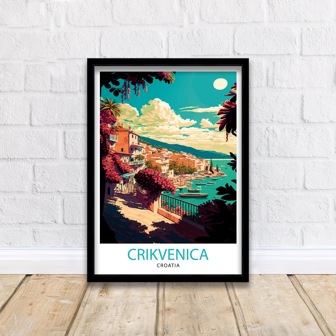 Crikvenica Croatia Adriatic Old Town Moonlit Bay Scene Poster - Image 2