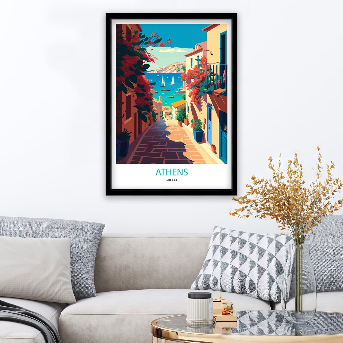 Athens Greece Flowering Street Harbor Sailboats Retro Travel Poster - Image 2