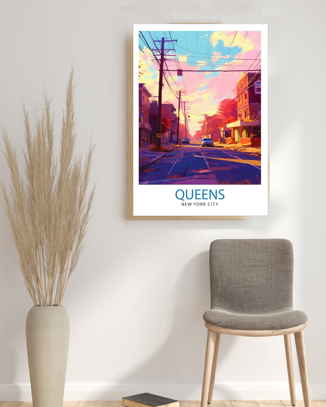 Queens New York City Sunset Street Neon Power Lines Travel Poster - Image 3