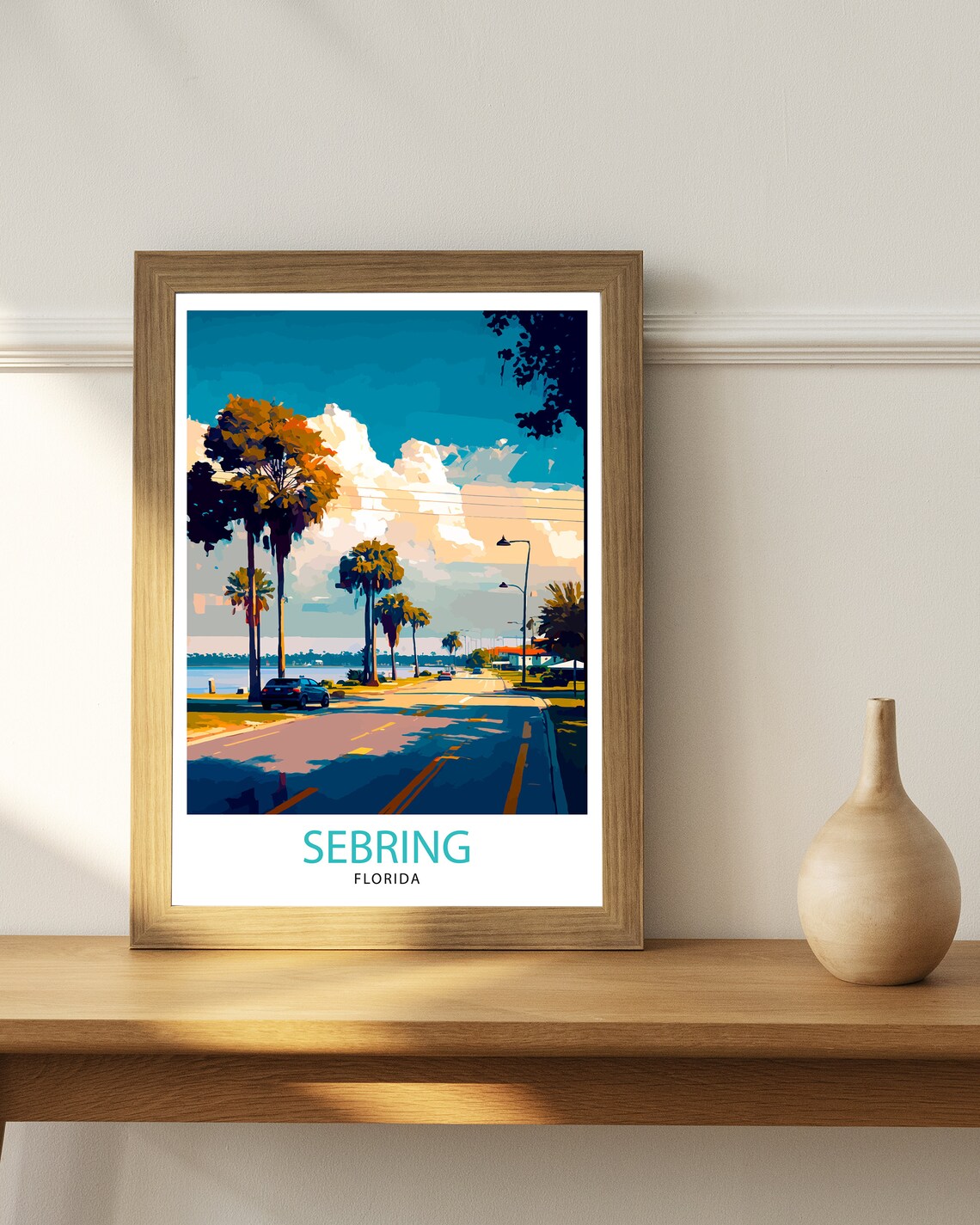 Sebring Florida Palm Lined Lakeside Street Sunset Travel Print - Image 3