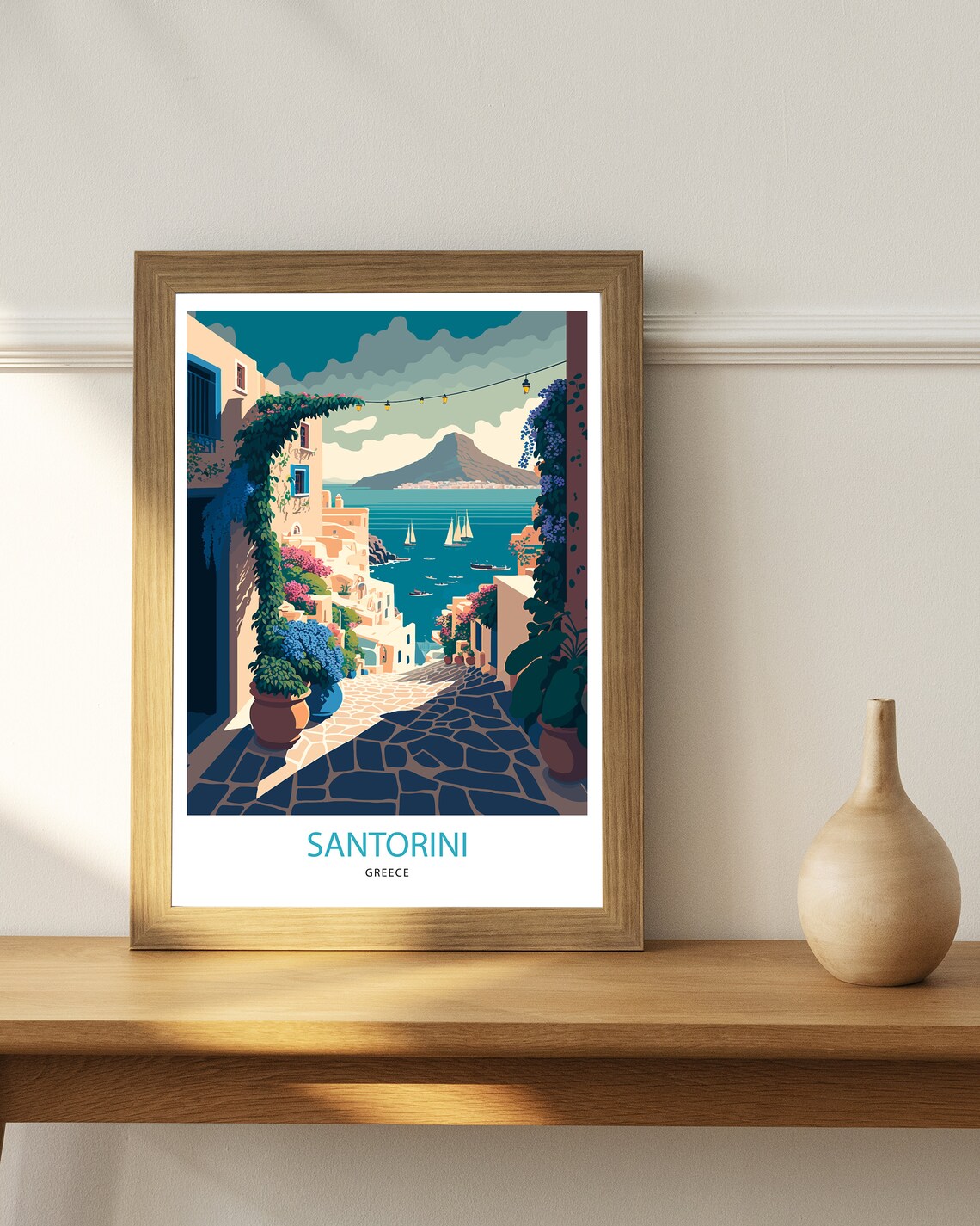 Santorini Greece Coastal Village Flower Lane Seascape Art Poster - Image 3