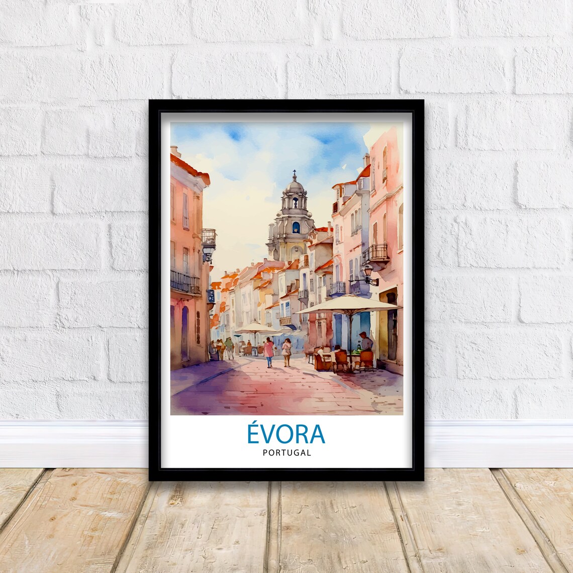 Evora Portugal Watercolor Old Town Square Church Tower Travel Poster - Image 2