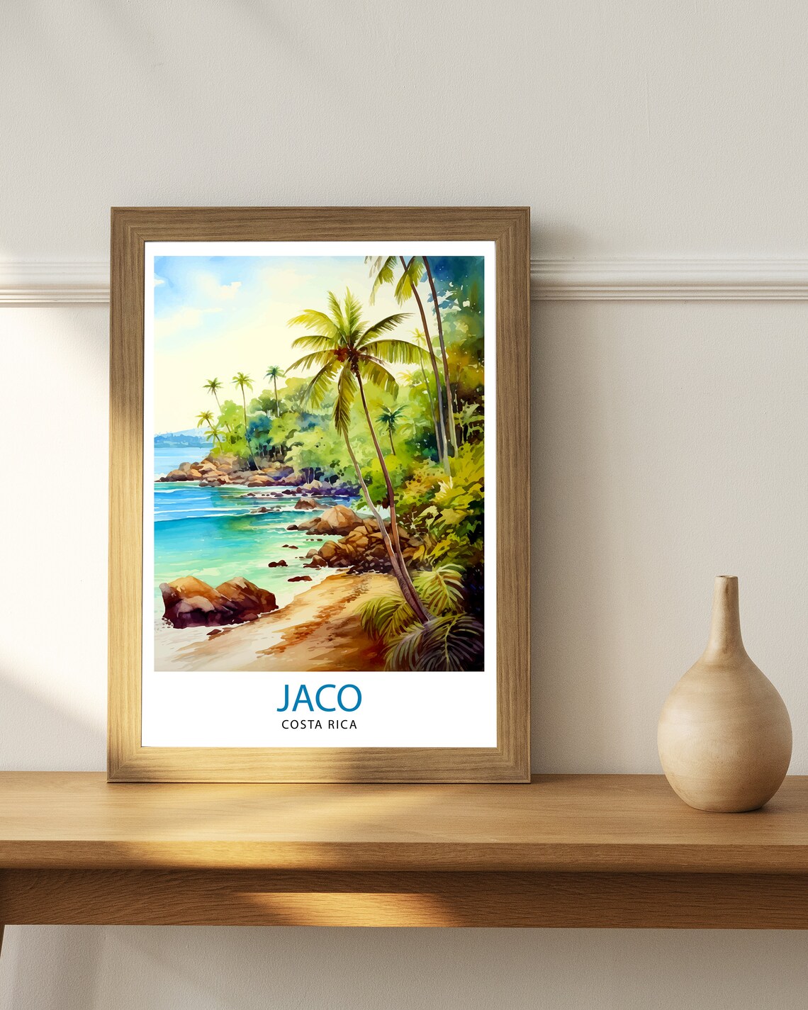Jaco Costa Rica Palm Lined Rocky Beach Watercolor Travel Poster - Image 3