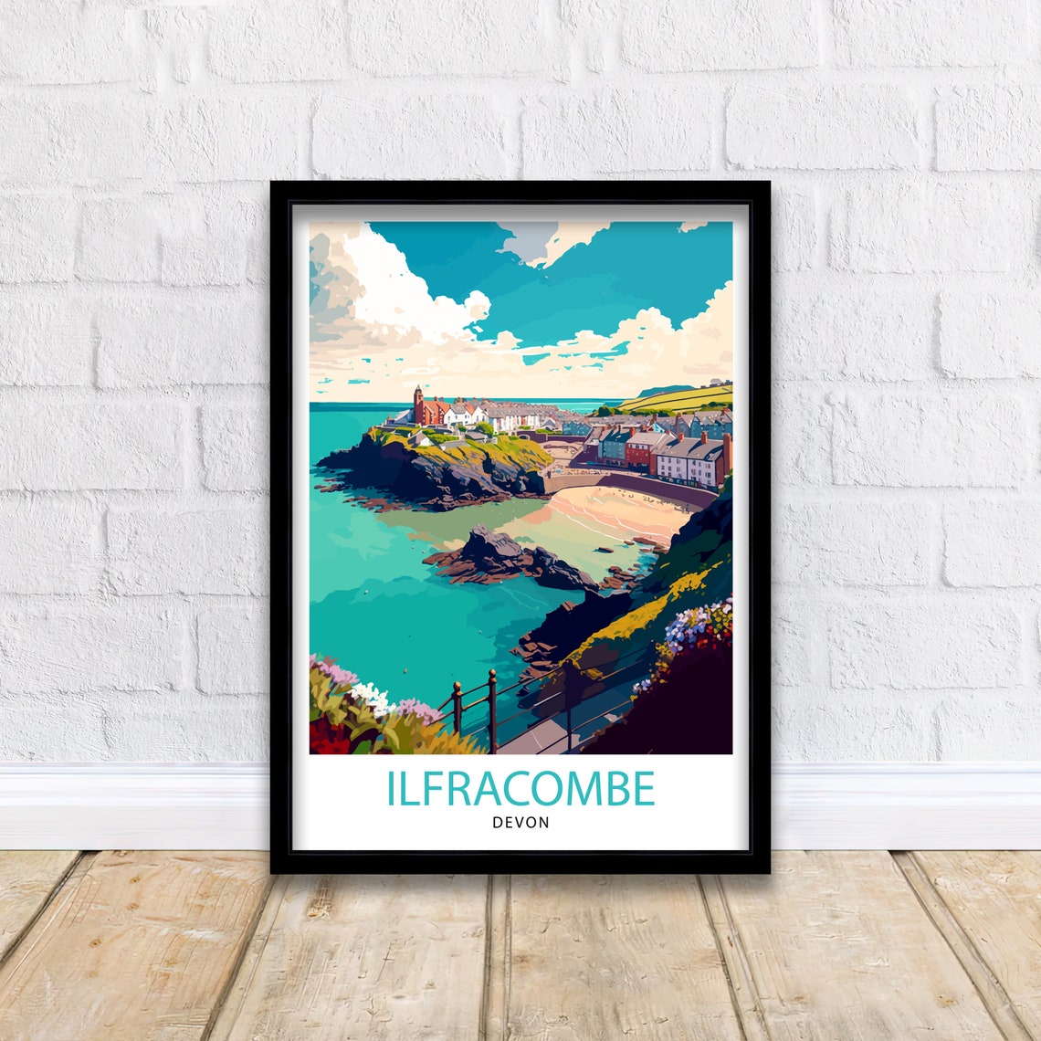 Ilfracombe Devon Coastal Town Cliffs Turquoise Sea Harbor Art Poster - Image 2