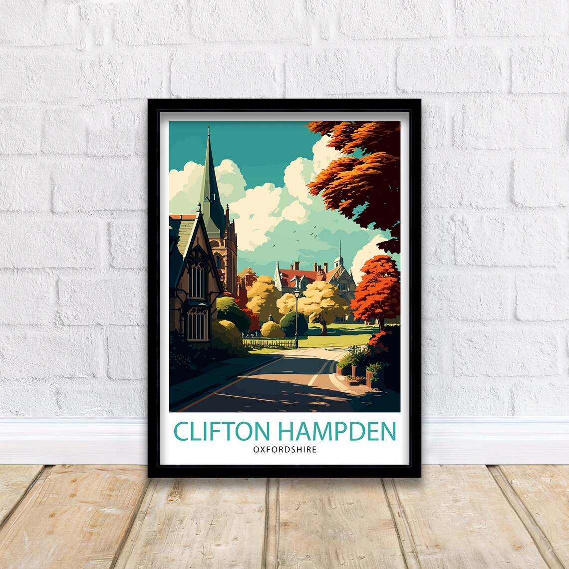 Clifton Hampden Oxfordshire Village Church Spire Autumn Travel Poster - Image 3