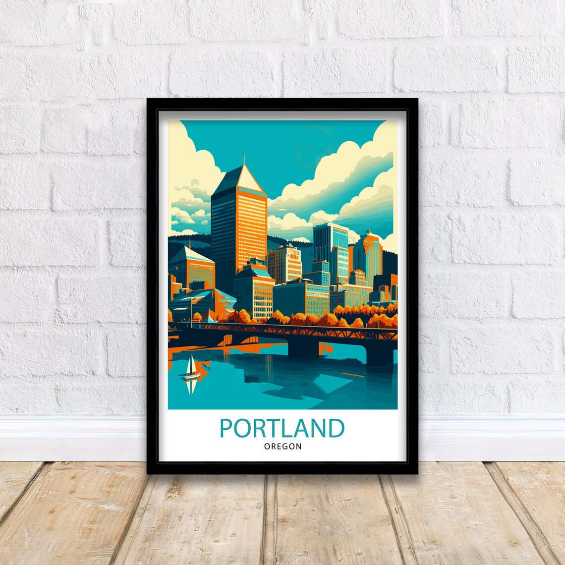 Portland Oregon Downtown Skyline River Bridge Vintage Travel Poster - Image 2