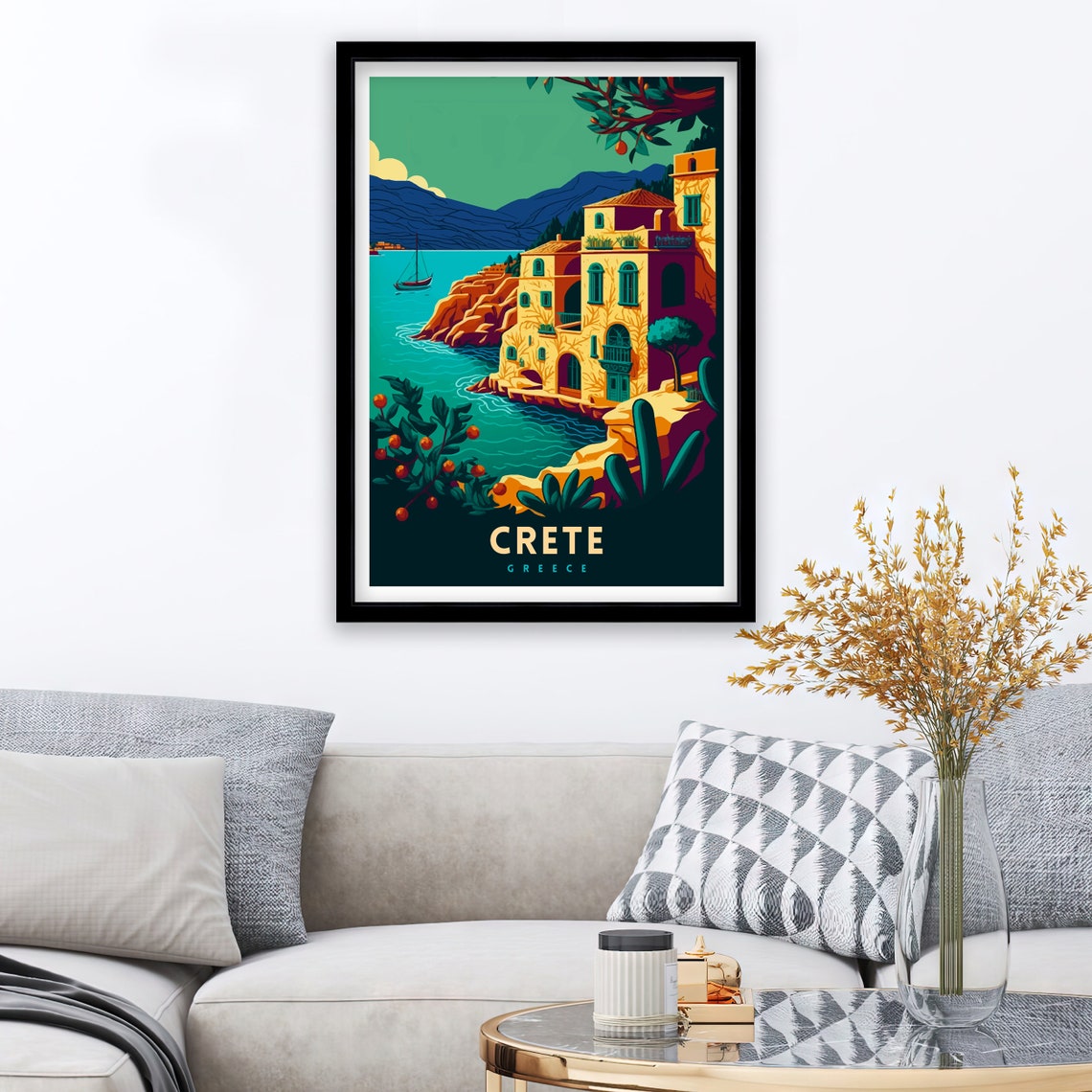 Crete Greece Vintage Cliffside Villa and Turquoise Bay Poster - Image 2