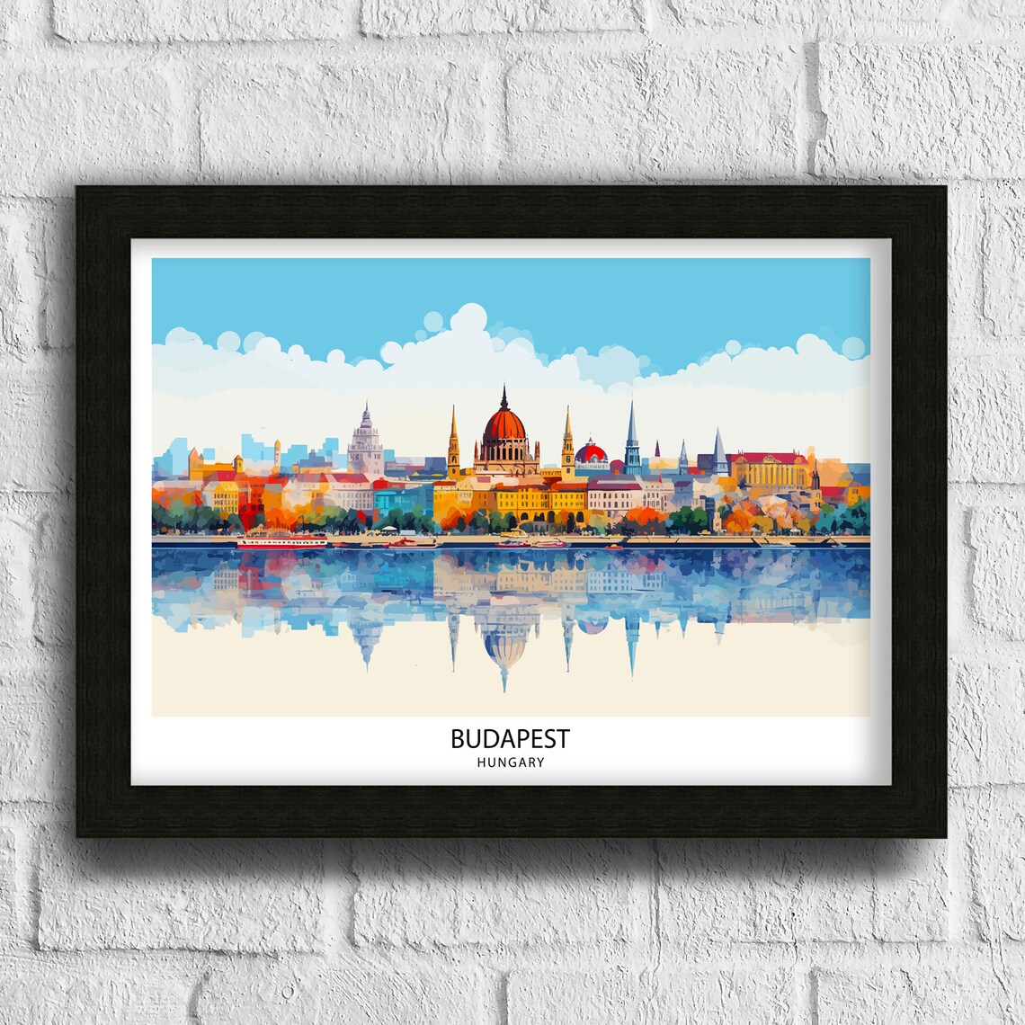 Budapest Hungary Danube Skyline Watercolor Reflection Travel Poster - Image 3