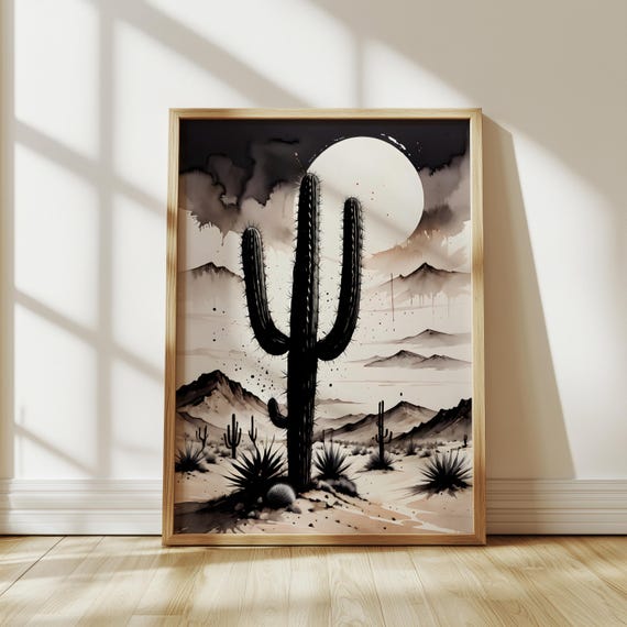 Black And White Cactus Silhouette Wall Art Moonlight Desert Poster Nighttime Boho Plant Print Moody Monochrome Decor Rustic Artwork