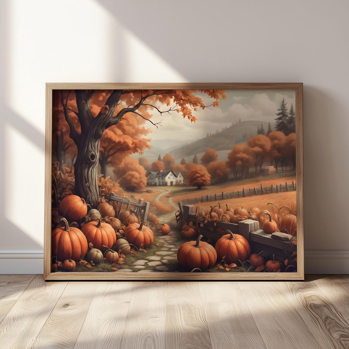 Pumpkin Patch Farm Path Autumn Trees Harvest Scene Art Poster