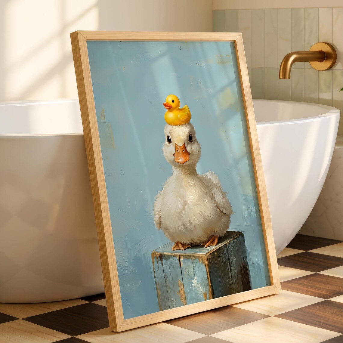 Duckling With Rubber Duck, Vintage Bathroom Art Print