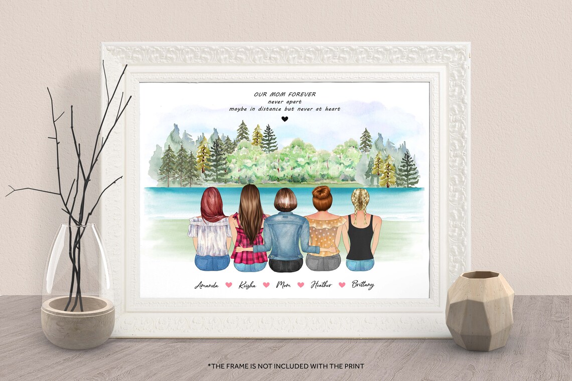 Personalized Mom with Four Daughters Lake Family Portrait Print