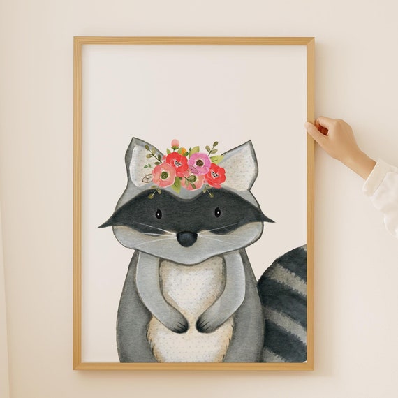 Baby Raccoon Nursery Print Girls Wall Art Animal Kids Room Decor Cute Gift